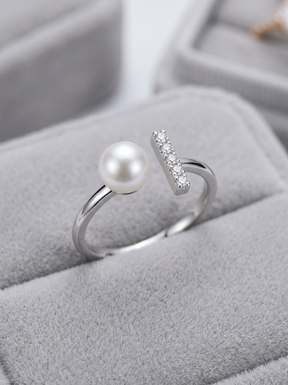 White Gold Filled NEW Authentic Freshwater Pearl and CZ Open Ring, Box Included